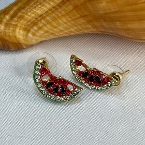 GOLD STUD EARRINGS WATERMELON ENAMEL AND RHINESTONE